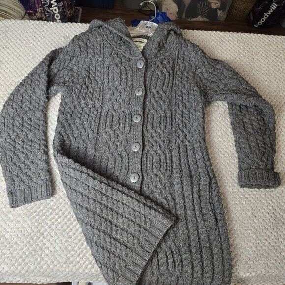 Aran Crafts Ireland 100% Merino Wool Hooded Long Cardigan Sweater XS Gray Cable - Picture 8 of 8